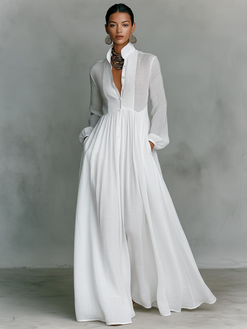 white button up maxi dress Collared Front with Pleated Skirt Detail The Icons Bright formal dress | The cross Color:Gray Stripe